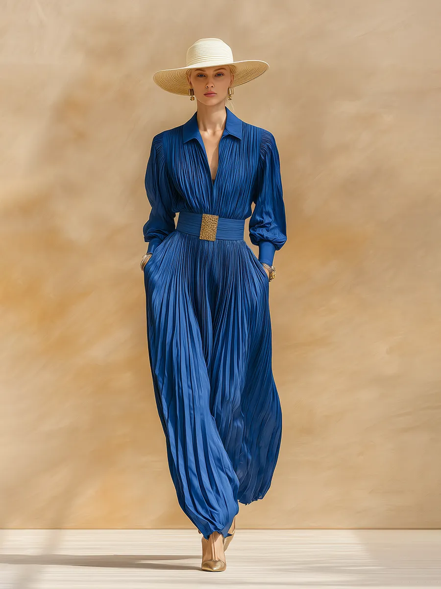 High-end Chic Pleated Royal Blue Satin Maxi Dress sold by Oyrosy product image thumbnail 2