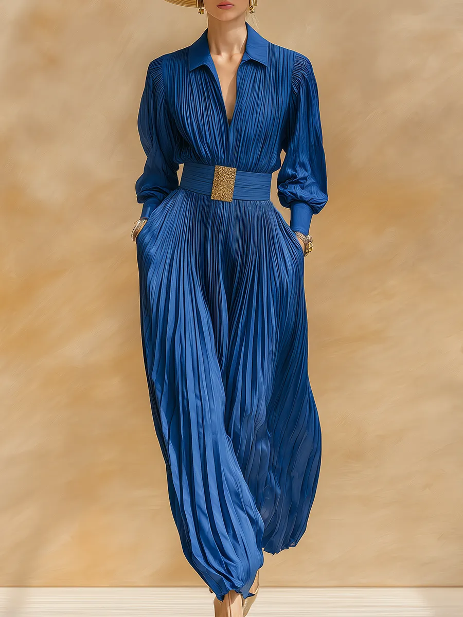 High-end Chic Pleated Royal Blue Satin Maxi Dress sold by Oyrosy