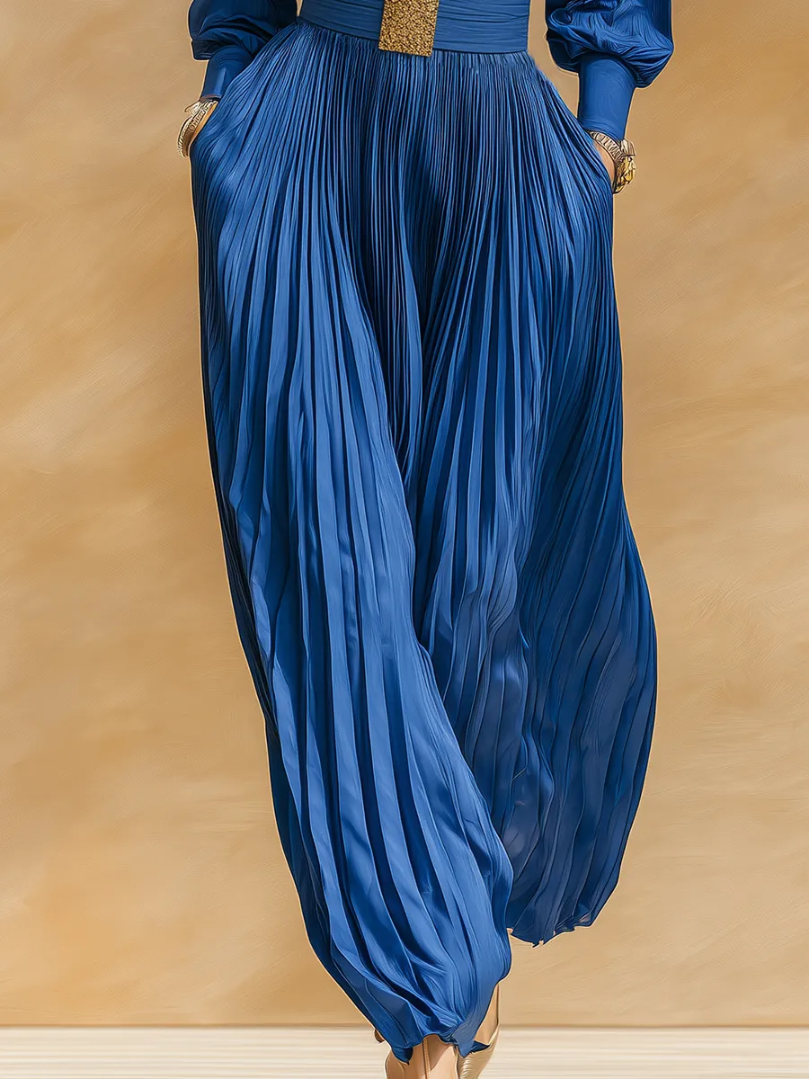 High-end Chic Pleated Royal Blue Satin Maxi Dress sold by Oyrosy product image thumbnail 4