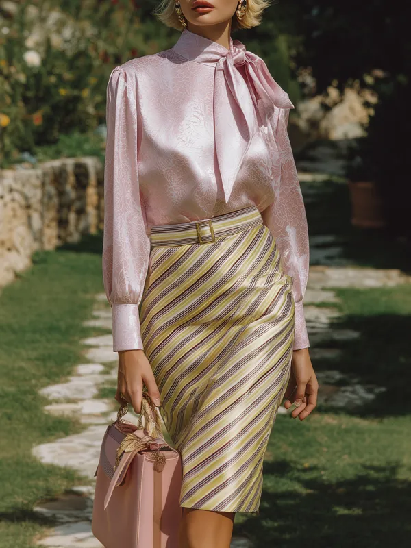 Elegant And Romantic Pink Rose Ribbon Shirt Striped Skirt Satin Set sold by Oyrosy