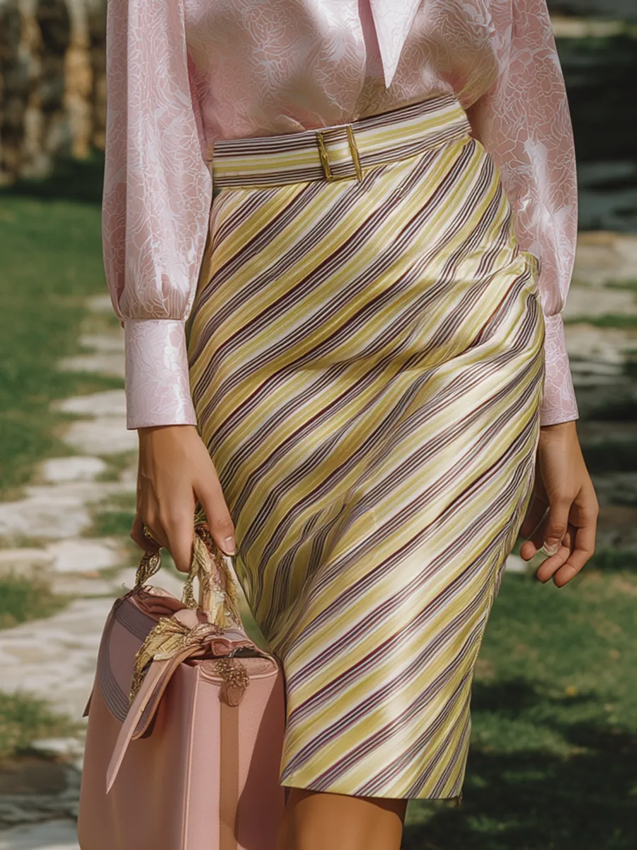 Elegant And Romantic Pink Rose Ribbon Shirt Striped Skirt Satin Set sold by Oyrosy product image thumbnail 4