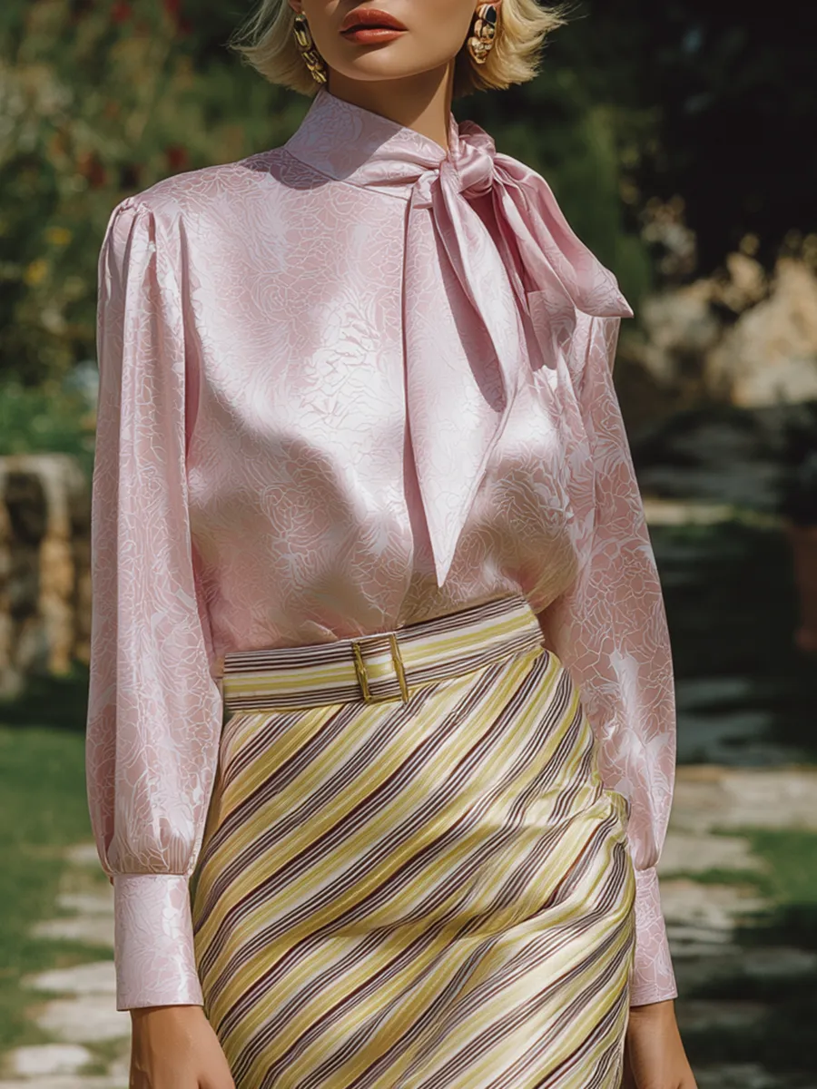 Elegant And Romantic Pink Rose Ribbon Shirt Striped Skirt Satin Set sold by Oyrosy product image thumbnail 3