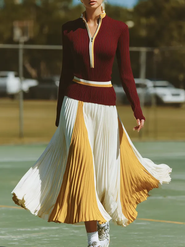 Trendy Sporty Burgundy Knit Top With Yellow And White Color-blocked Pleated Skirt Set sold by Oyrosy