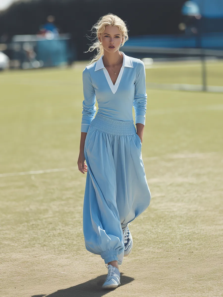 Stylish Sporty White Collared Top And Drawstring Cotton Trousers Set sold by Oyrosy product image thumbnail 2