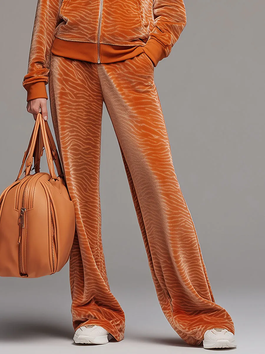 Sporty Retro Orange Zebra Print Velvet Hooded Sweatshirt And Wide-Leg Pants Set sold by Oyrosy product image thumbnail 4