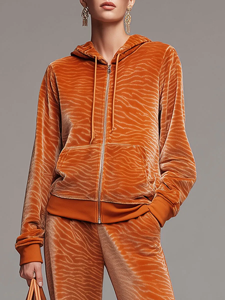 Sporty Retro Orange Zebra Print Velvet Hooded Sweatshirt And Wide-Leg Pants Set sold by Oyrosy product image thumbnail 3