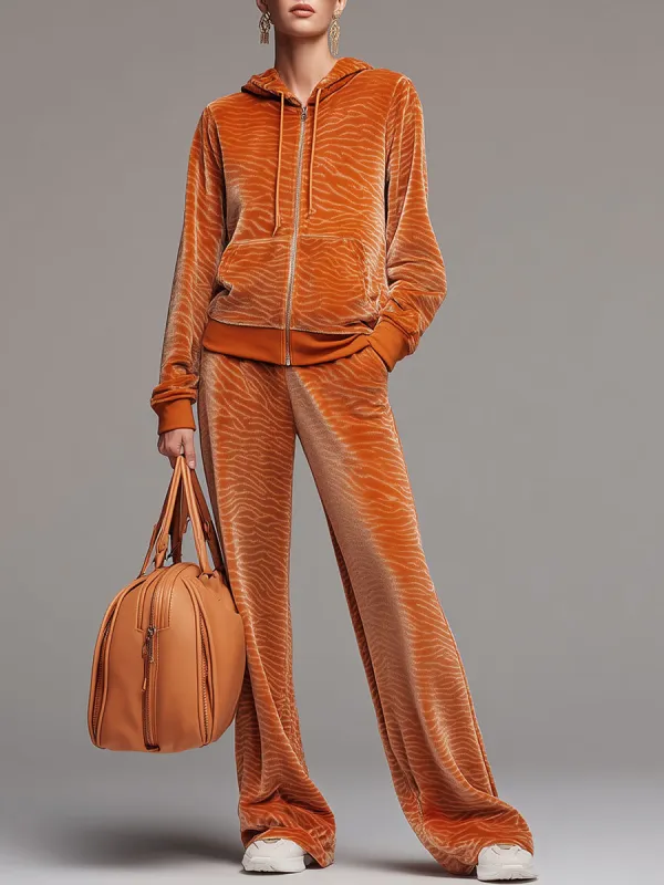 Sporty Retro Orange Zebra Print Velvet Hooded Sweatshirt And Wide-Leg Pants Set sold by Oyrosy