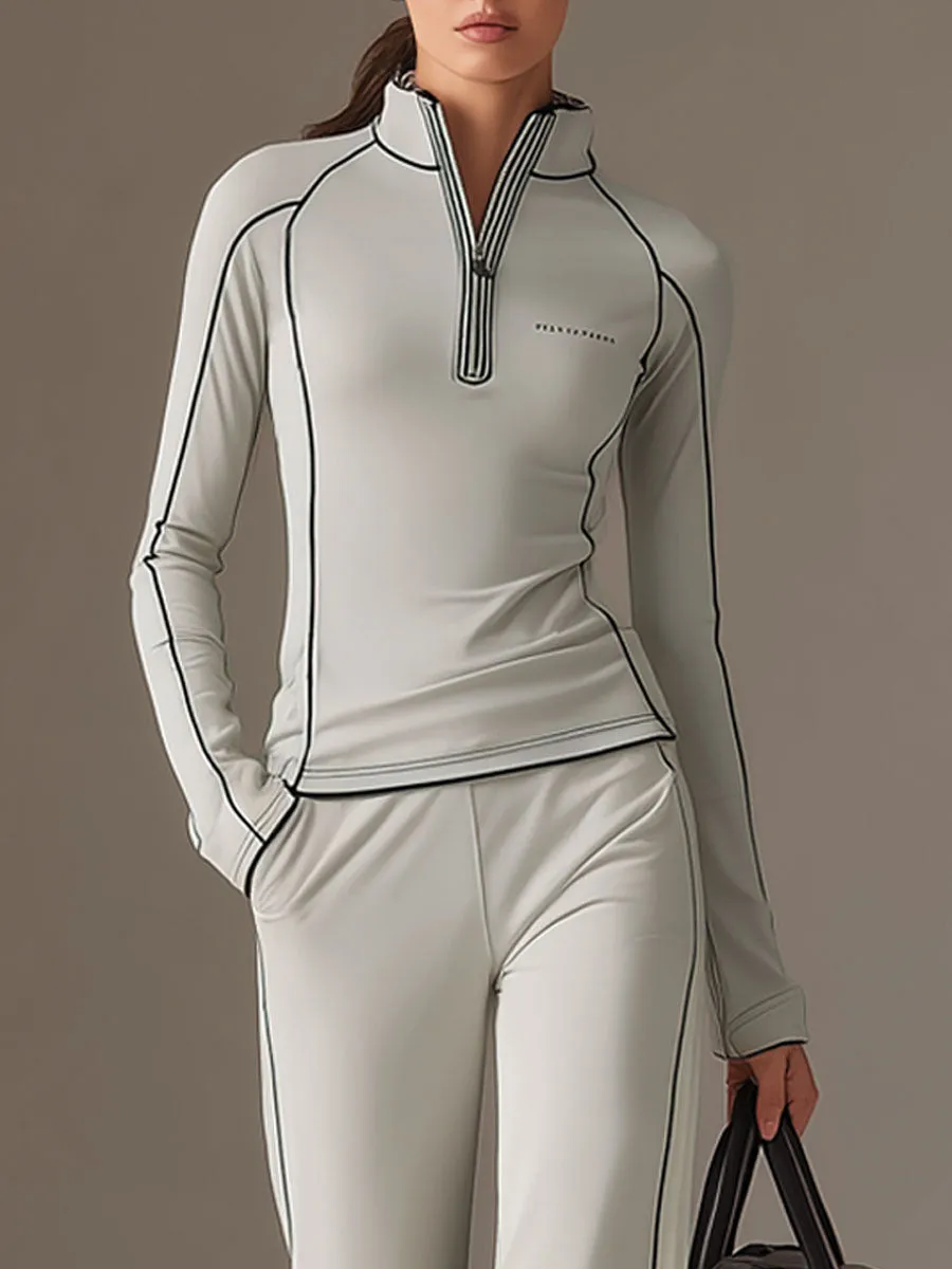 Sports Yoga Piping Gray-Green Lycra Sweatshirt And Wide-Leg Pants Set sold by Oyrosy product image thumbnail 4