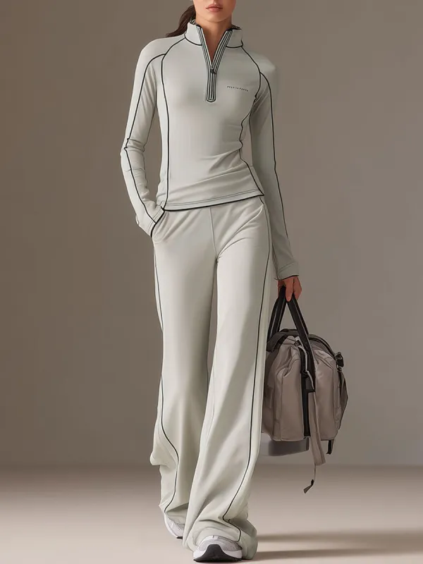 Sports Yoga Piping Gray-Green Lycra Sweatshirt And Wide-Leg Pants Set made by Oyrosy