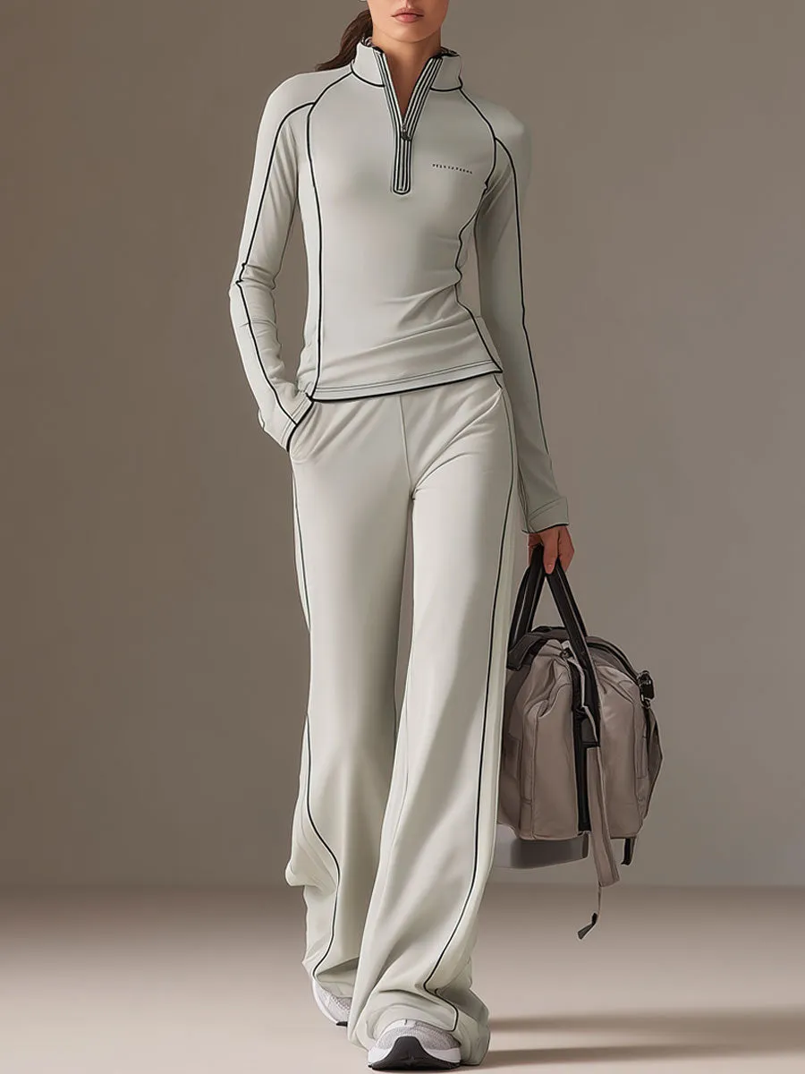 Sports Yoga Piping Gray-Green Lycra Sweatshirt And Wide-Leg Pants Set sold by Oyrosy