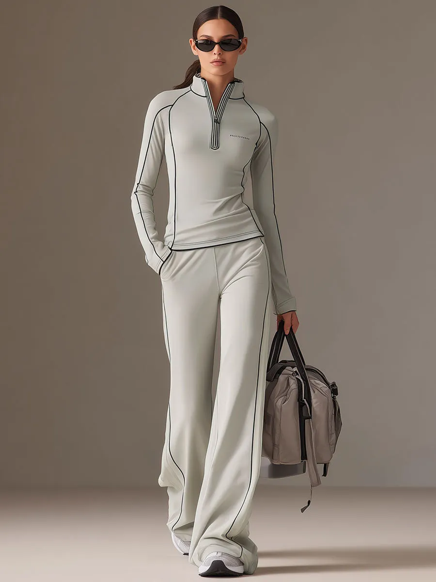 Sports Yoga Piping Gray-Green Lycra Sweatshirt And Wide-Leg Pants Set sold by Oyrosy product image thumbnail 2