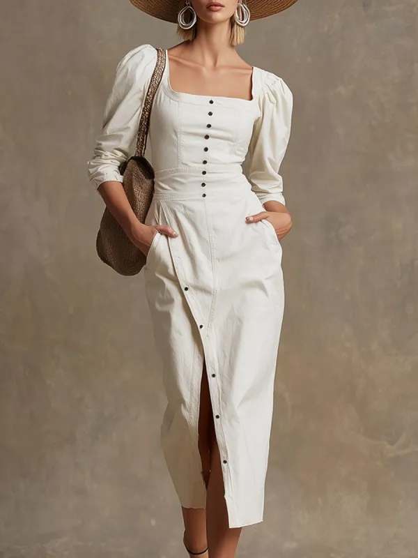 Fashionable Retro-style Square Neckline Long-sleeved White Cotton Midi Dress sold by Oyrosy