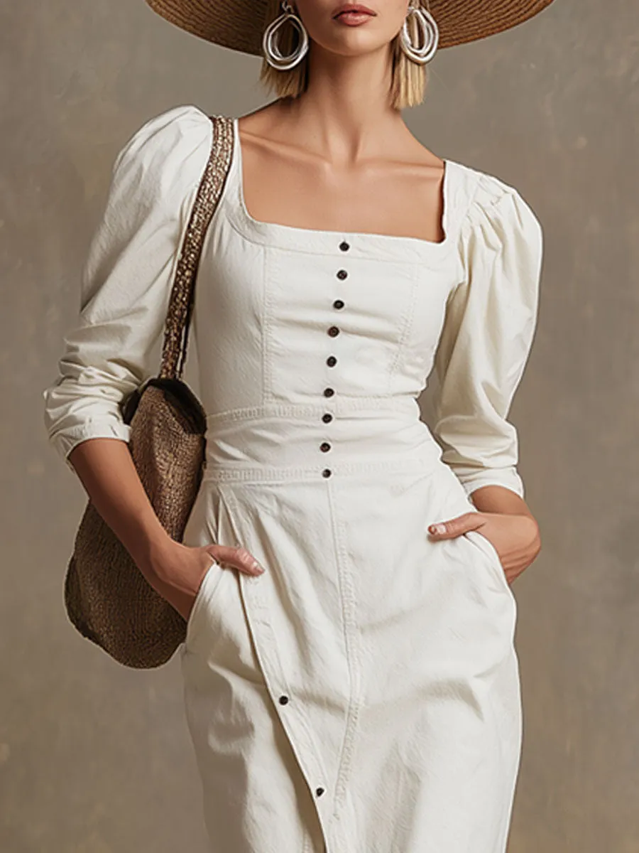 Fashionable Retro-style Square Neckline Long-sleeved White Cotton Midi Dress sold by Oyrosy product image thumbnail 3