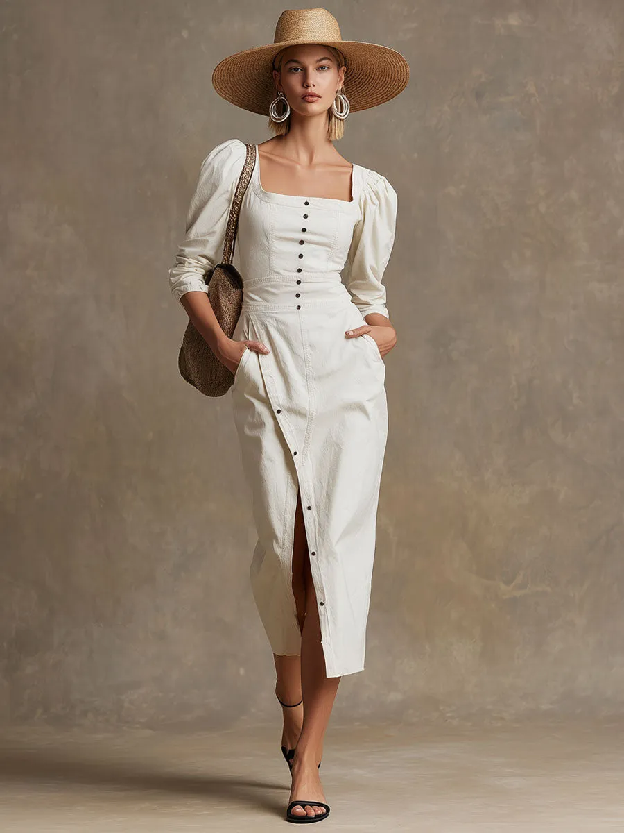 Fashionable Retro-style Square Neckline Long-sleeved White Cotton Midi Dress sold by Oyrosy product image thumbnail 2