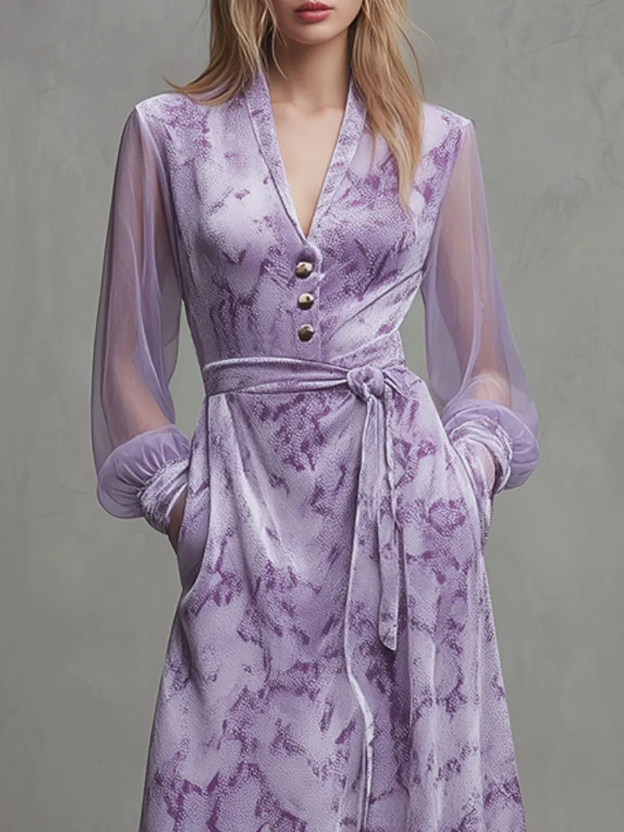 Fashionable Retro Mesh Long-sleeved Light Purple Velvet Snakeskin Maxi Dress sold by Oyrosy product image thumbnail 3