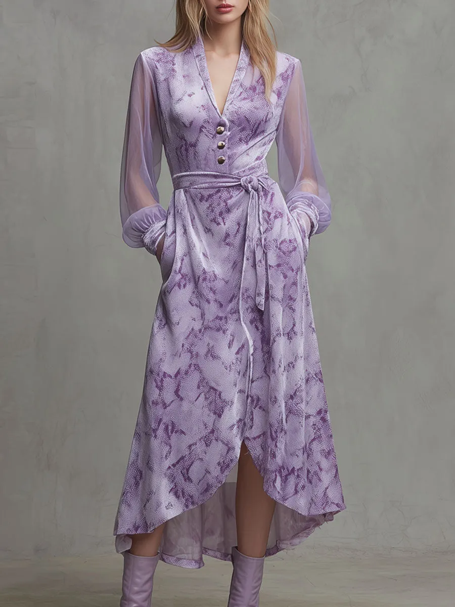 Fashionable Retro Mesh Long-sleeved Light Purple Velvet Snakeskin Maxi Dress sold by Oyrosy