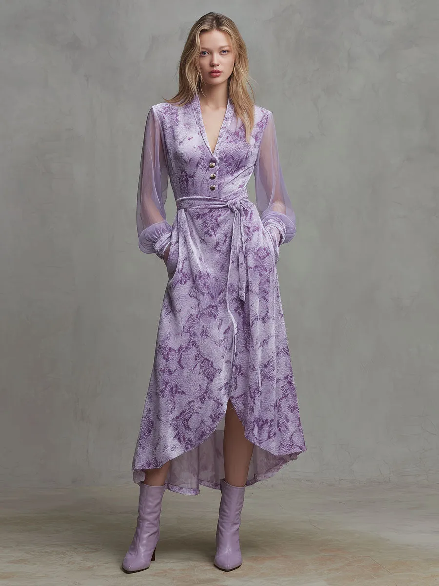 Fashionable Retro Mesh Long-sleeved Light Purple Velvet Snakeskin Maxi Dress sold by Oyrosy product image thumbnail 2