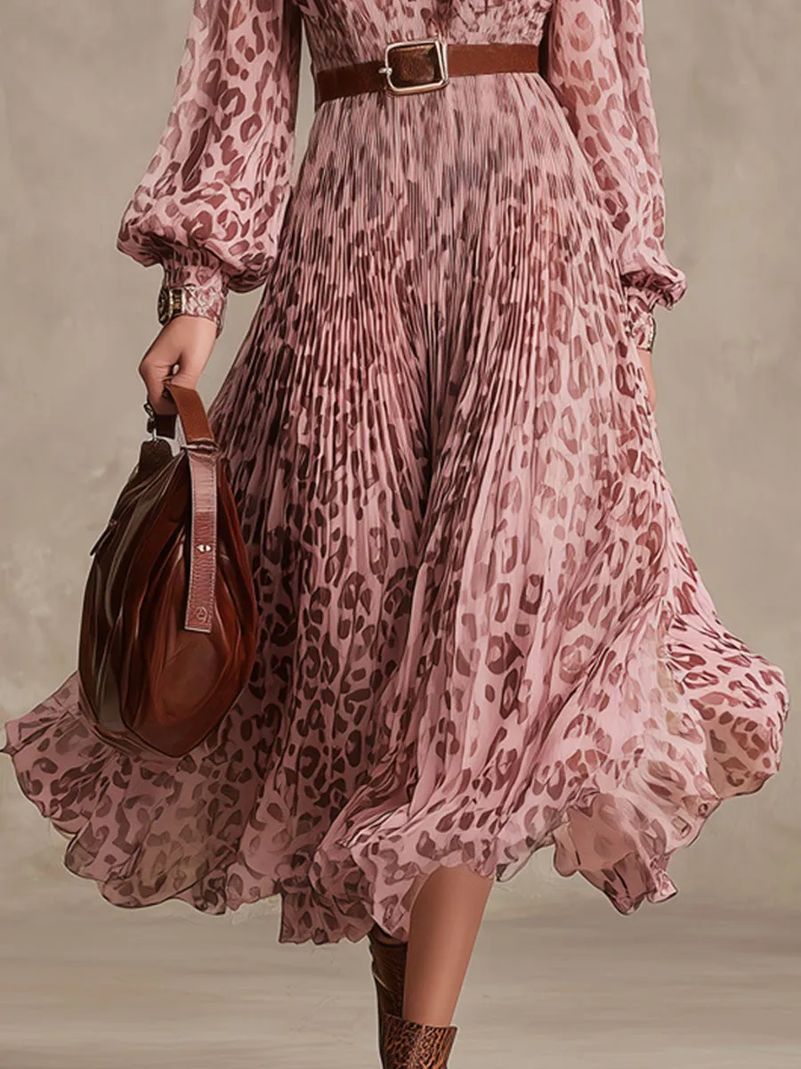 Fashionable Retro Leopard Print Pink Chiffon Pleated Long-sleeved Midi Dress sold by Oyrosy product image thumbnail 4