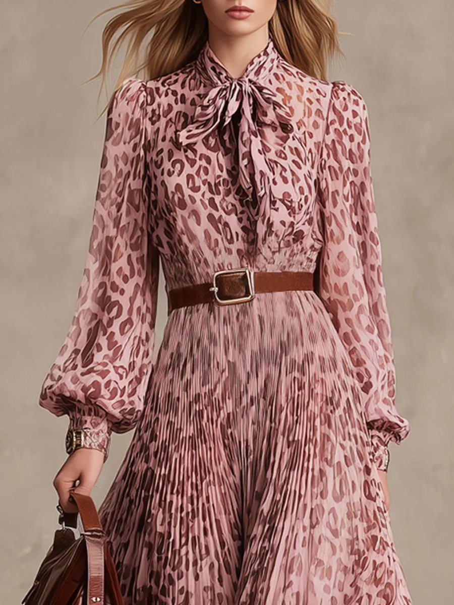 Fashionable Retro Leopard Print Pink Chiffon Pleated Long-sleeved Midi Dress sold by Oyrosy product image thumbnail 3