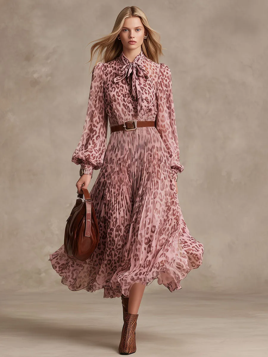 Fashionable Retro Leopard Print Pink Chiffon Pleated Long-sleeved Midi Dress sold by Oyrosy product image thumbnail 2