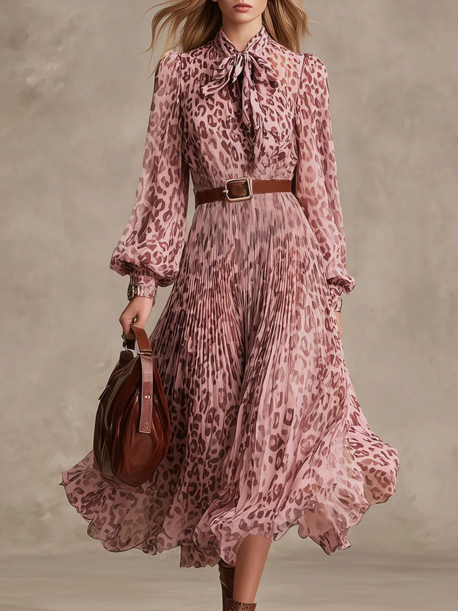 Fashionable Retro Leopard Print Pink Chiffon Pleated Long-sleeved Midi Dress sold by Oyrosy