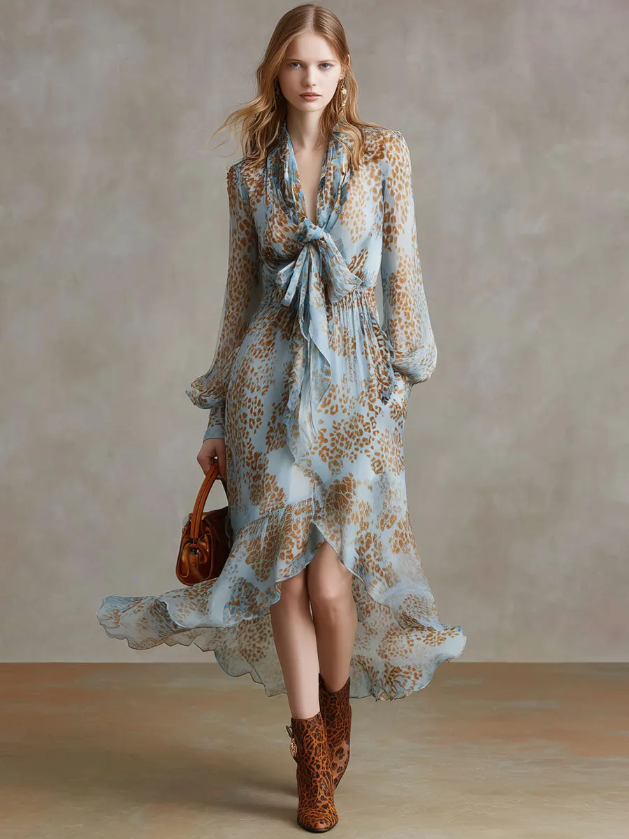 Fashionable Retro Leopard Print Light Blue Chiffon Long-sleeved Midi Dress sold by Oyrosy product image thumbnail 2