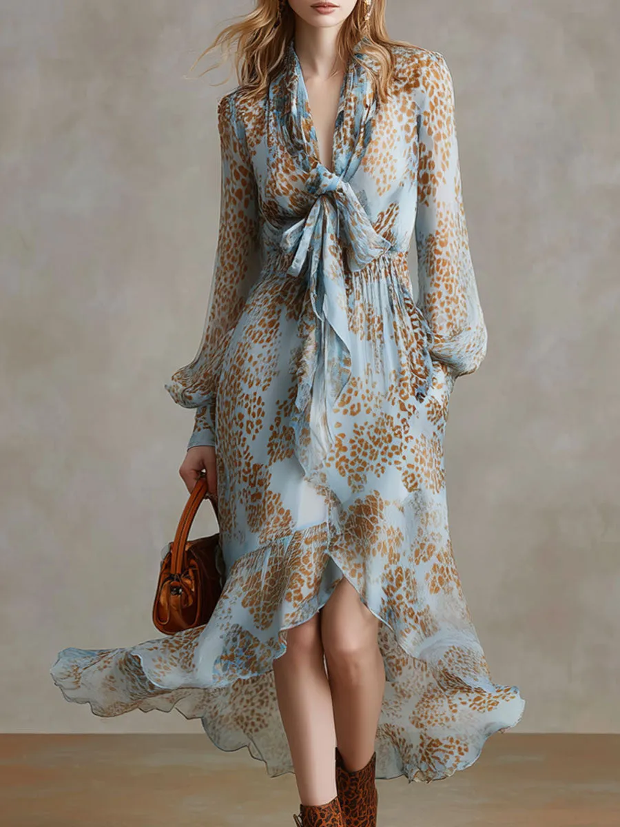 Fashionable Retro Leopard Print Light Blue Chiffon Long-sleeved Midi Dress sold by Oyrosy