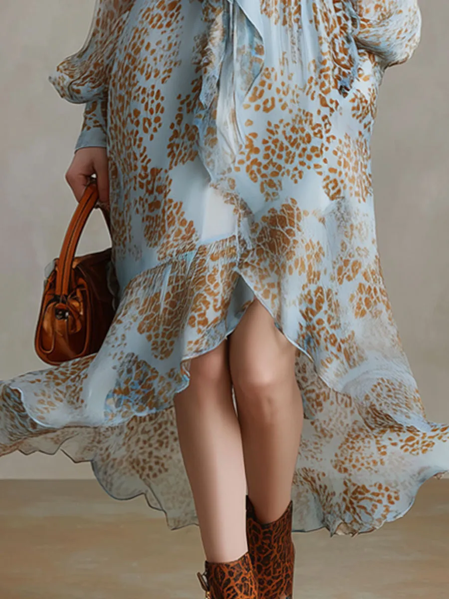 Fashionable Retro Leopard Print Light Blue Chiffon Long-sleeved Midi Dress sold by Oyrosy product image thumbnail 4