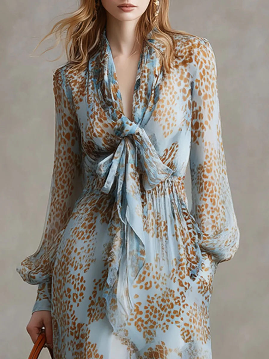 Fashionable Retro Leopard Print Light Blue Chiffon Long-sleeved Midi Dress sold by Oyrosy product image thumbnail 3