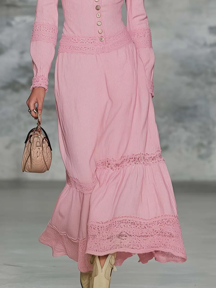 Elegant Retro V-neck Lace-trimmed Light Pink Cotton Midi Dress sold by Oyrosy product image thumbnail 4