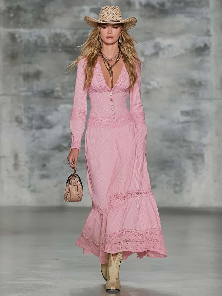 Elegant Retro V-neck Lace-trimmed Light Pink Cotton Midi Dress sold by Oyrosy product image thumbnail 2