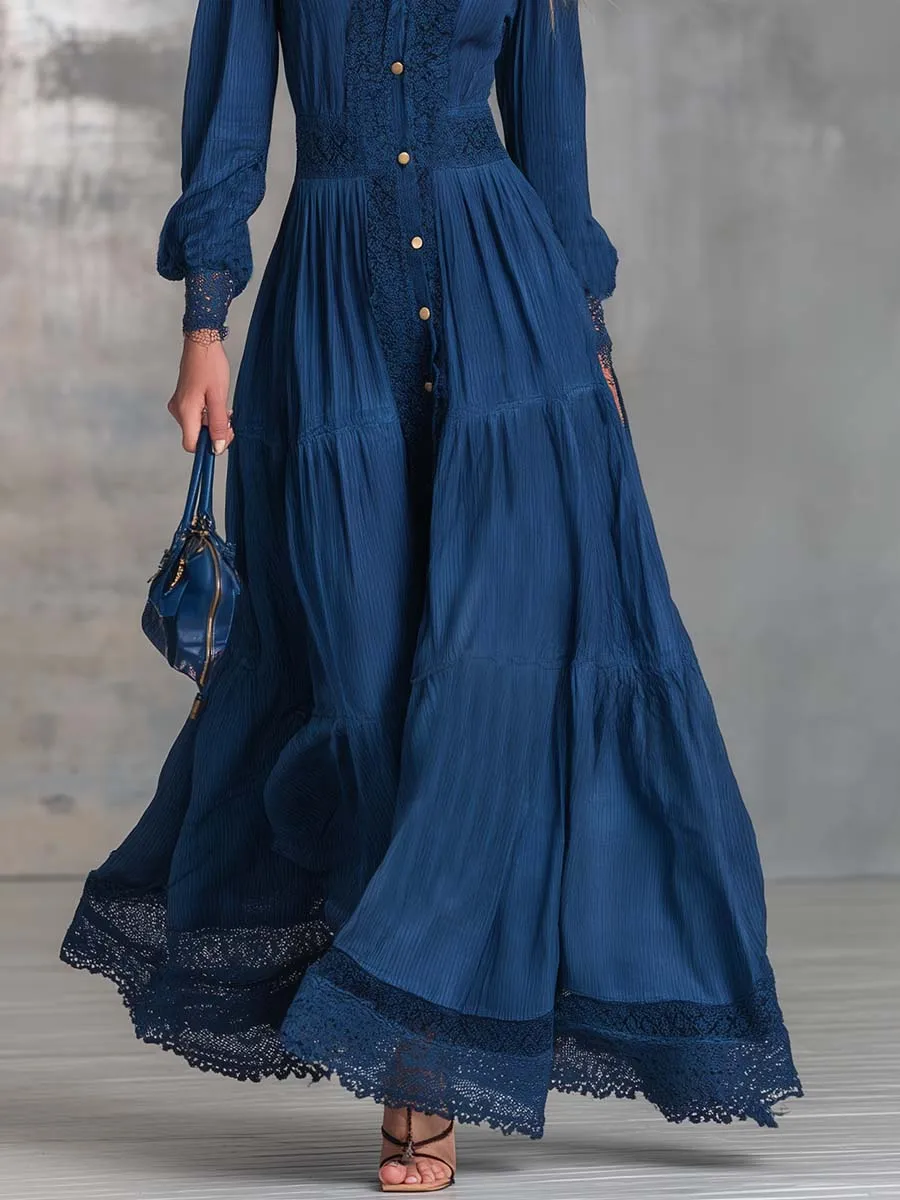 Elegant Vintage Western Front-button Lapel Lace-trimmed Dark Blue Cotton Maxi Dress sold by Oyrosy product image thumbnail 4