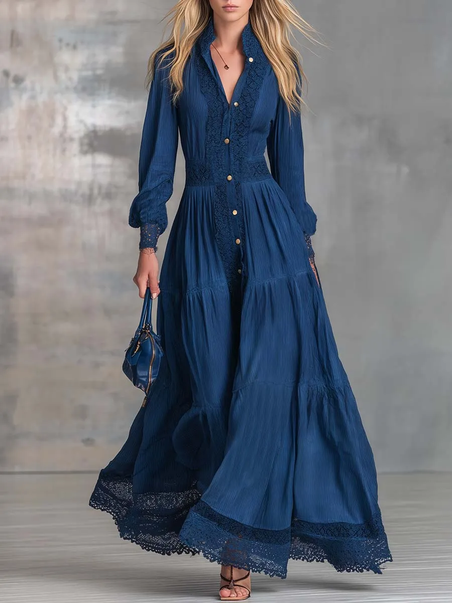 Elegant Vintage Western Front-button Lapel Lace-trimmed Dark Blue Cotton Maxi Dress sold by Oyrosy