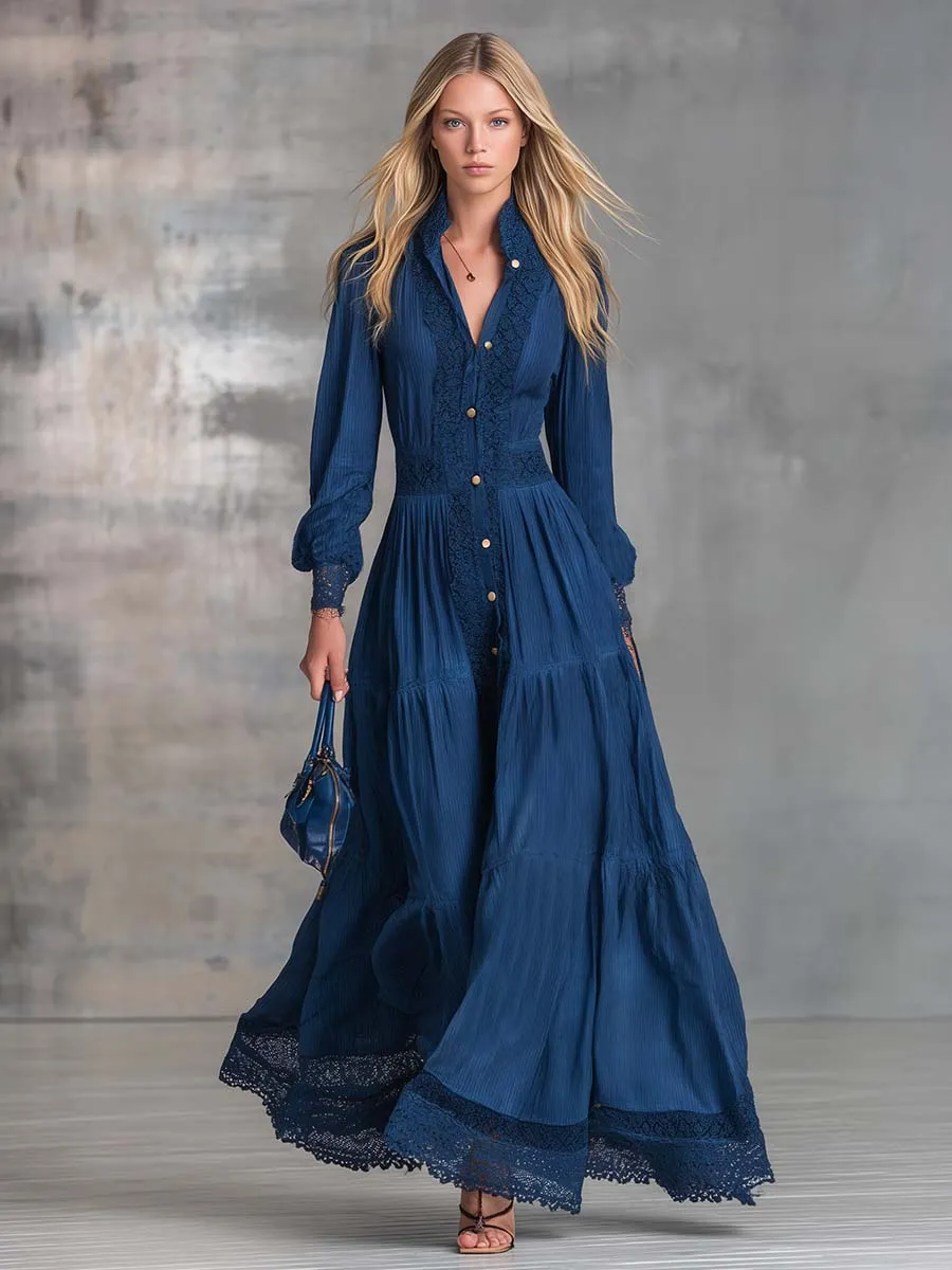 Elegant Vintage Western Front-button Lapel Lace-trimmed Dark Blue Cotton Maxi Dress sold by Oyrosy product image thumbnail 2