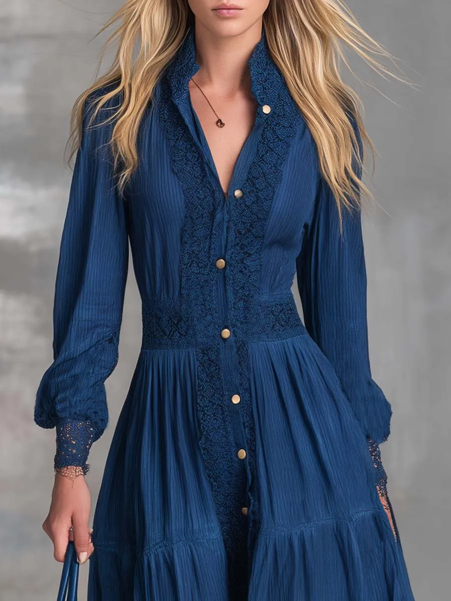 Elegant Vintage Western Front-button Lapel Lace-trimmed Dark Blue Cotton Maxi Dress sold by Oyrosy product image thumbnail 3