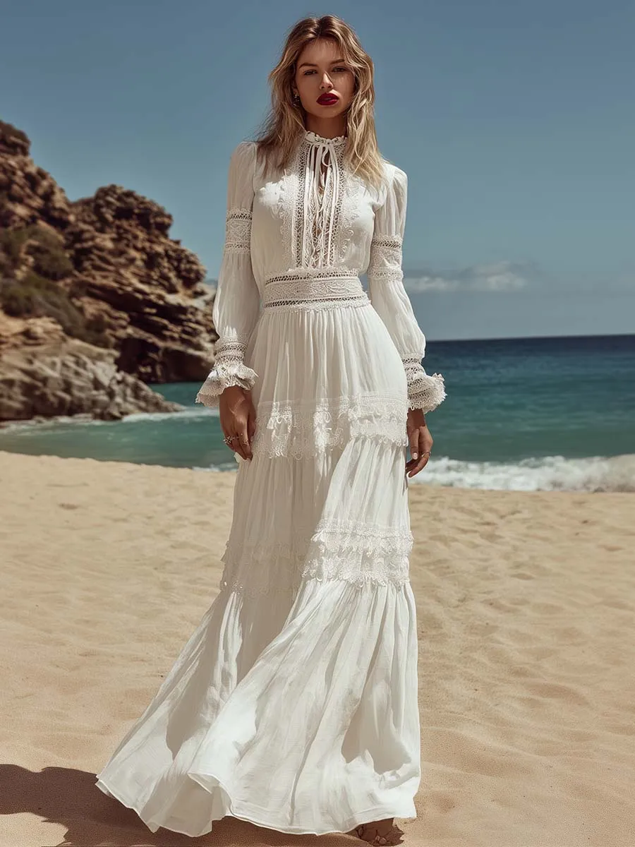 Elegant Retro Bohemian Style Round Neck Lace Trim White Cotton Maxi Dress sold by Oyrosy product image thumbnail 2