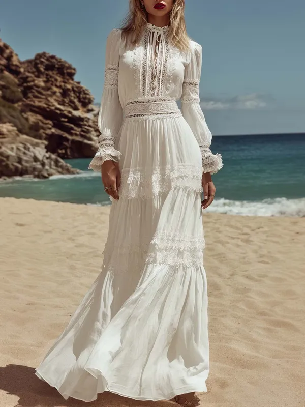 Elegant Retro Bohemian Style Round Neck Lace Trim White Cotton Maxi Dress sold by Oyrosy