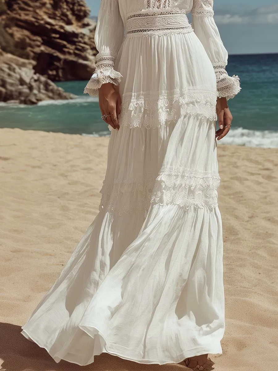 Elegant Retro Bohemian Style Round Neck Lace Trim White Cotton Maxi Dress sold by Oyrosy product image thumbnail 4