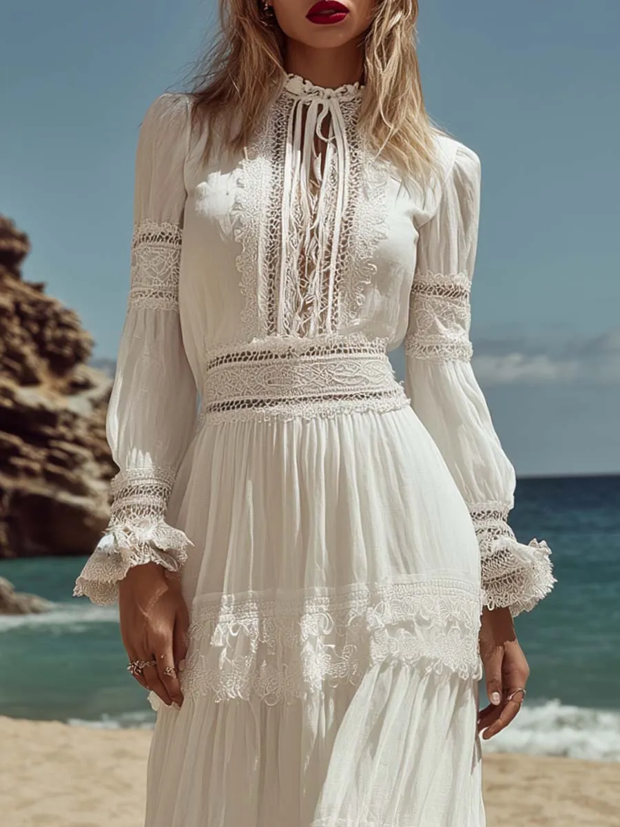 Elegant Retro Bohemian Style Round Neck Lace Trim White Cotton Maxi Dress sold by Oyrosy product image thumbnail 3