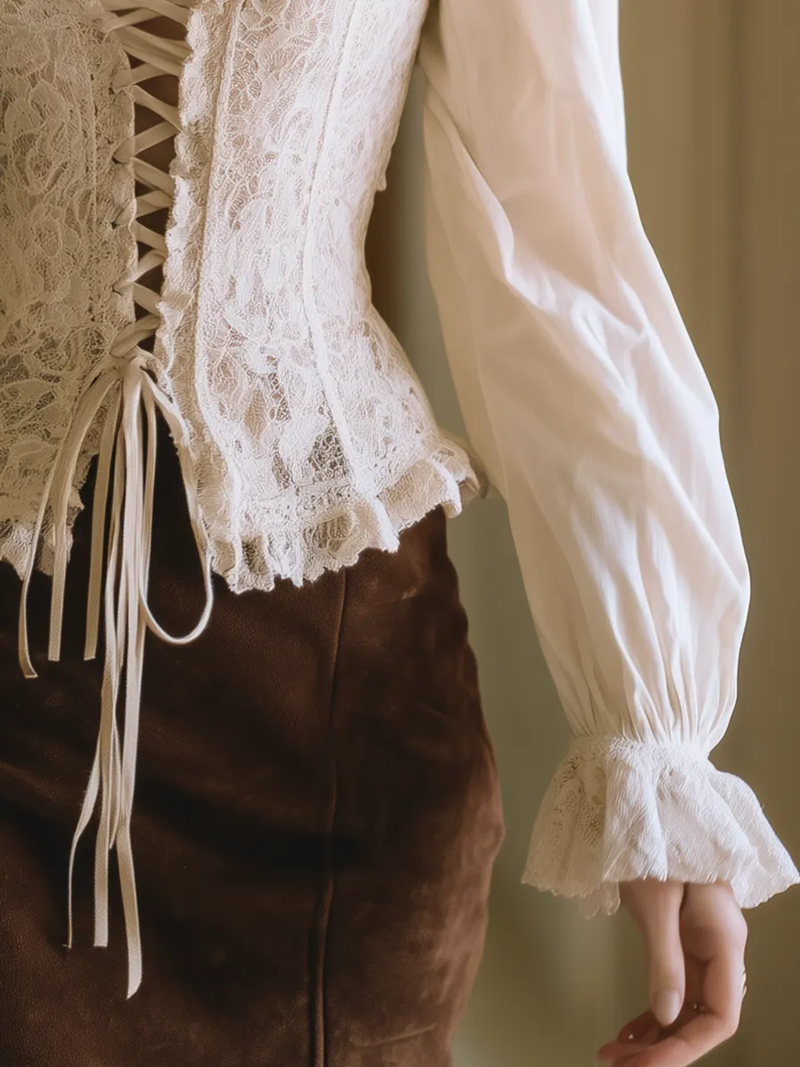 Retro-elegant Off-white Front Tie Lace Shirt sold by Oyrosy product image thumbnail 4