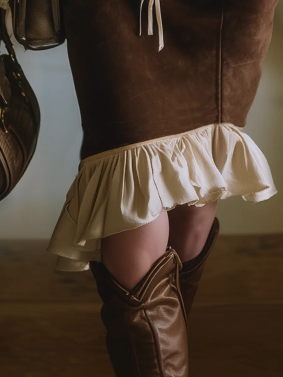 Retro Western Style Brown Faux Suede White Ruffle Skirt sold by Oyrosy product image thumbnail 4