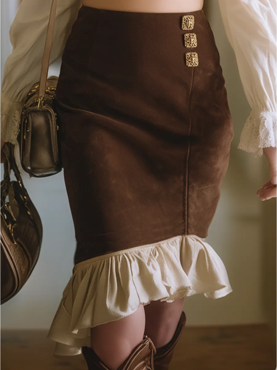 Retro Western Style Brown Faux Suede White Ruffle Skirt sold by Oyrosy