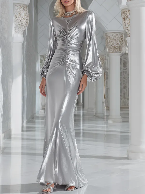 Chic Futuristic Ruched Silver Maxi Dress sold by Oyrosy