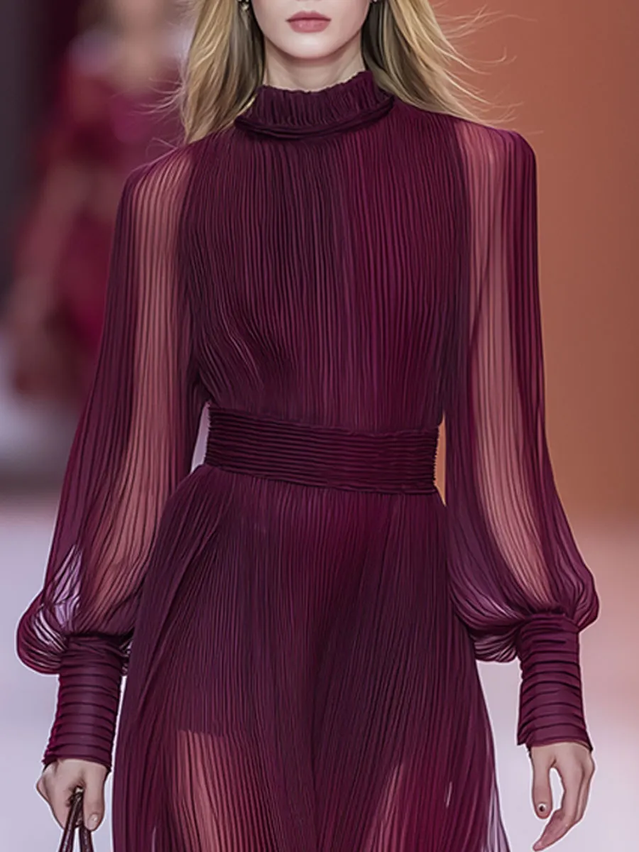 Elegant And Casual Burgundy Pleated Chiffon Maxi Dress sold by Oyrosy product image thumbnail 3