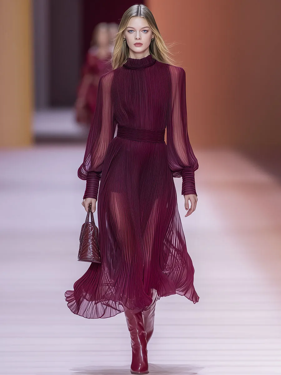 Elegant And Casual Burgundy Pleated Chiffon Maxi Dress sold by Oyrosy product image thumbnail 2