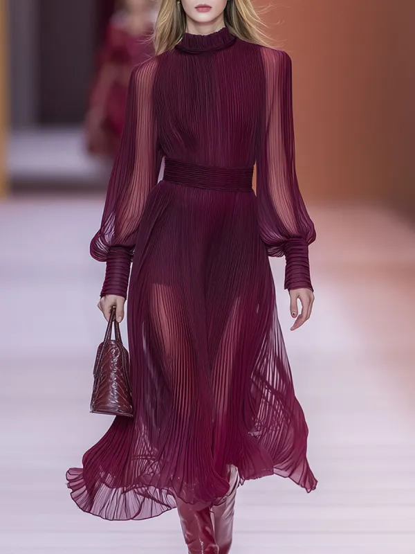 Elegant And Casual Burgundy Pleated Chiffon Maxi Dress sold by Oyrosy