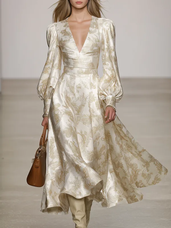 Stylish Elegant V-neck Lantern Sleeve Satin Midi Dress sold by Oyrosy