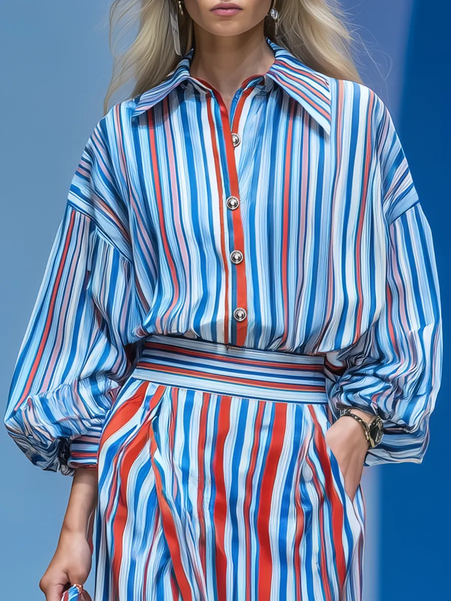 Retro Urban Colorful Striped Collared Shirt Long Dress sold by Oyrosy product image thumbnail 3