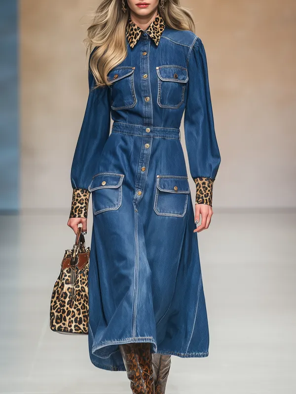 Retro Elegant Leopard Print Lapel Denim Midi Dress sold by Oyrosy