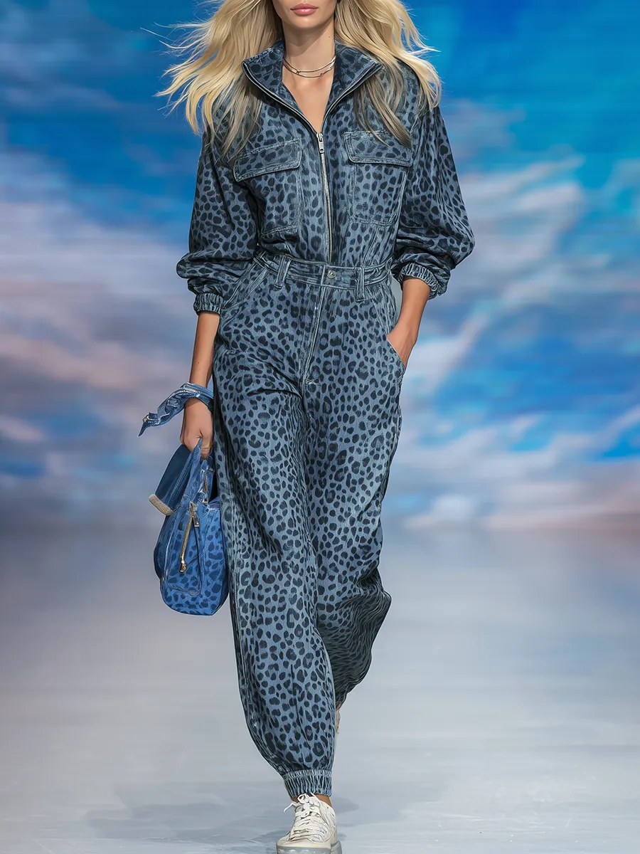 Retro Sporty Leopard Denim Shirt And Pants Set sold by Oyrosy